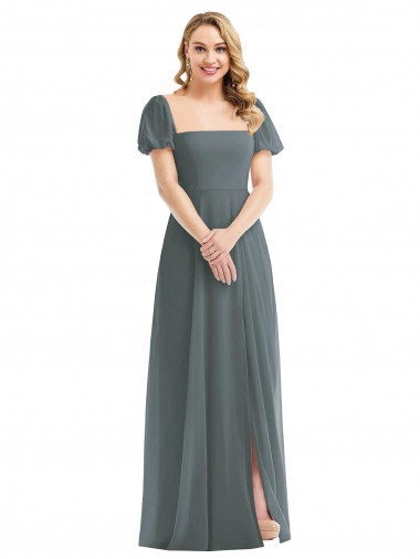 Purchase Long Puff Sleeves Square Neck A-Line Soft Chiffon Maxi Evening Dress Canada