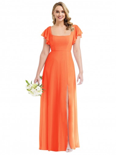 Purchase Long Flutter Sleeves Square Neck A-Line Soft Chiffon Maxi Evening Dress Canada