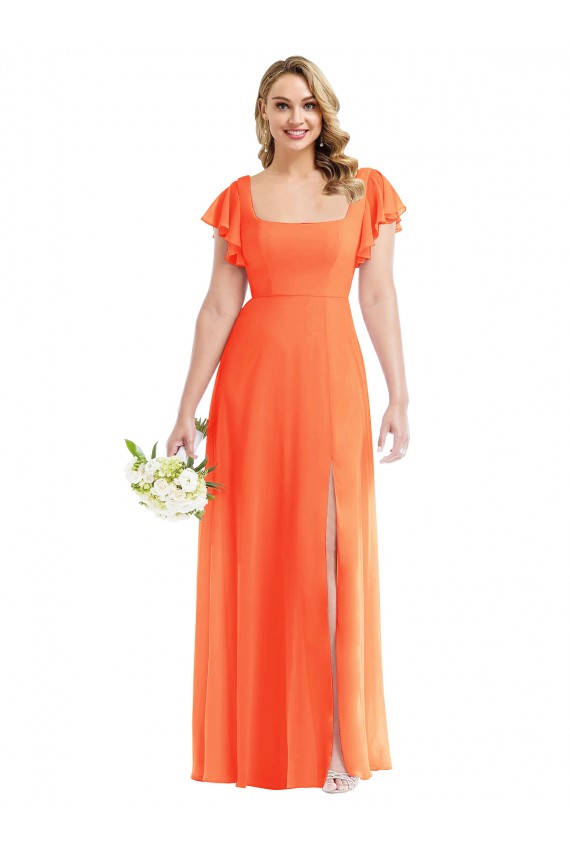 Purchase Long Flutter Sleeves Square Neck A-Line Soft Chiffon Maxi Evening Dress Canada