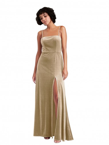 Purchase Long Sleeveless Square Neck A-Line Stretch Velvet Maxi Evening Dress Canada