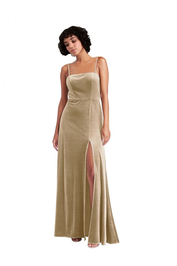 Purchase Long Sleeveless Square Neck A-Line Stretch Velvet Maxi Evening Dress Canada
