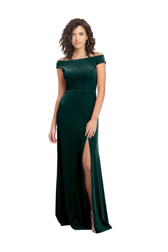 Purchase Long Cap Sleeves Square Neck A-Line Stretch Velvet Evening Dress Canada