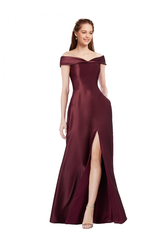Purchase Long Cap Sleeves Off the Shoulder A-Line Satin Evening Dress Canada