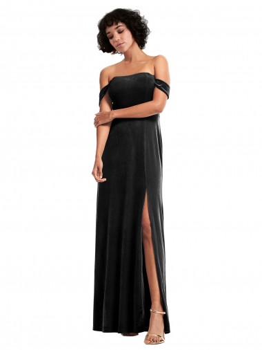 Purchase Long Sleeveless Off the Shoulder A-Line Stretch Velvet Black Evening Dress Canada
