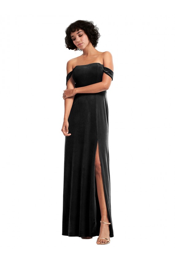 Purchase Long Sleeveless Off the Shoulder A-Line Stretch Velvet Black Evening Dress Canada