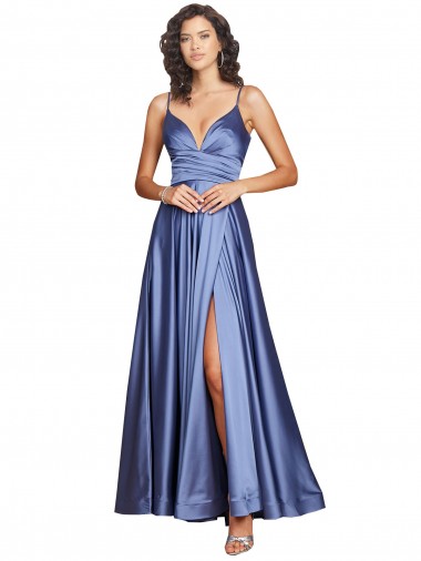 Purchase Long Sleeveless Spaghetti Straps A-Line Silky Satin Low Back Sexy Evening Dress Canada