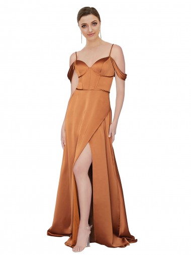 Purchase Long Cold Shoulder Spaghetti Straps A-Line Silky Satin Evening Dress Canada