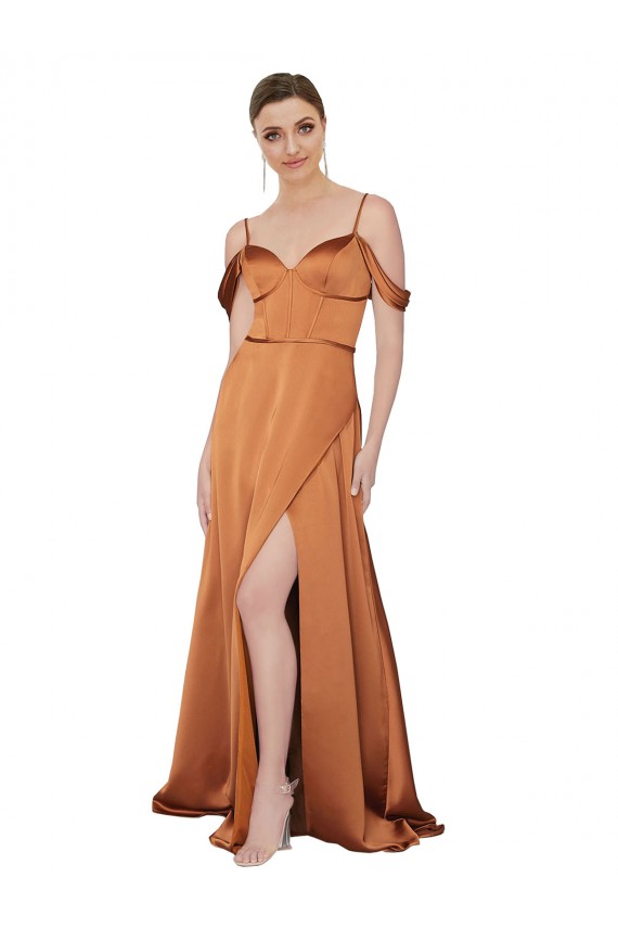 Purchase Long Cold Shoulder Spaghetti Straps A-Line Silky Satin Evening Dress Canada