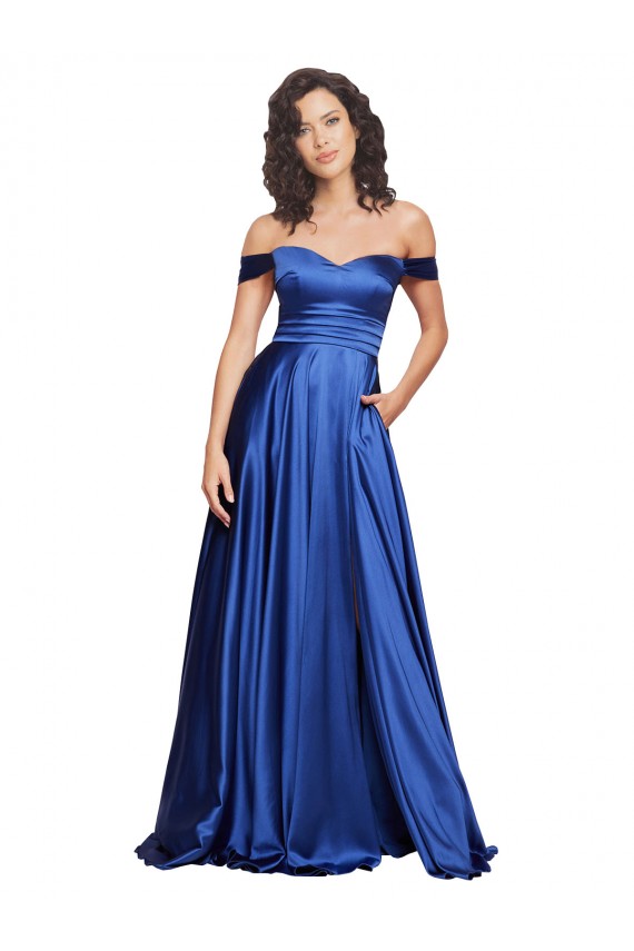 Purchase Sweep Train Sleeveless Off the Shoulder A-Line Stretch Satin Evening Dress Canada