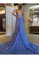 Purchase Court Train Sleeveless V-Neck A-Line Velvet Sequin Long Evening Dress Canada