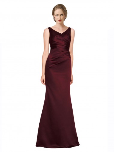 Purchase Long Sleeveless V-Neck A-Line Luxe Satin Burgundy Evening Dress Canada