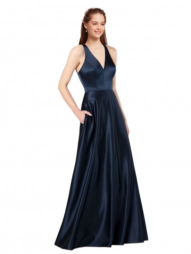 Purchase Long Sleeveless V-Neck A-Line Luxe Satin Keyhole Back Evening Dress Canada