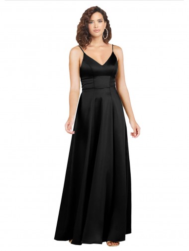 Purchase Long Sleeveless V-Neck A-Line Silky Satin Black Evening Gown Canada