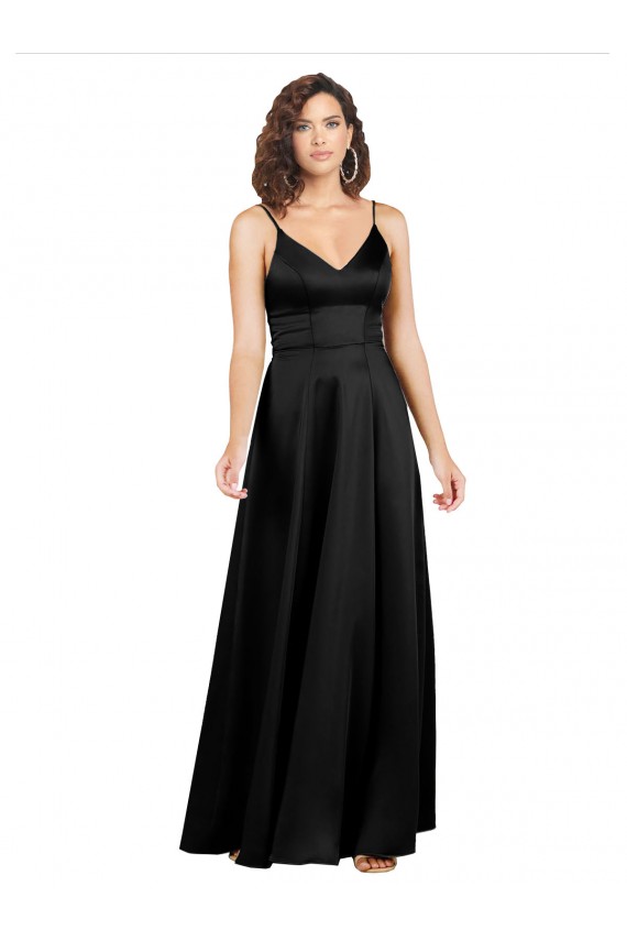 Purchase Long Sleeveless V-Neck A-Line Silky Satin Black Evening Gown Canada