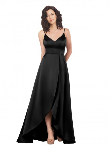 Purchase Long Sleeveless V-Neck A-Line Silky Satin Black Evening Dress Canada