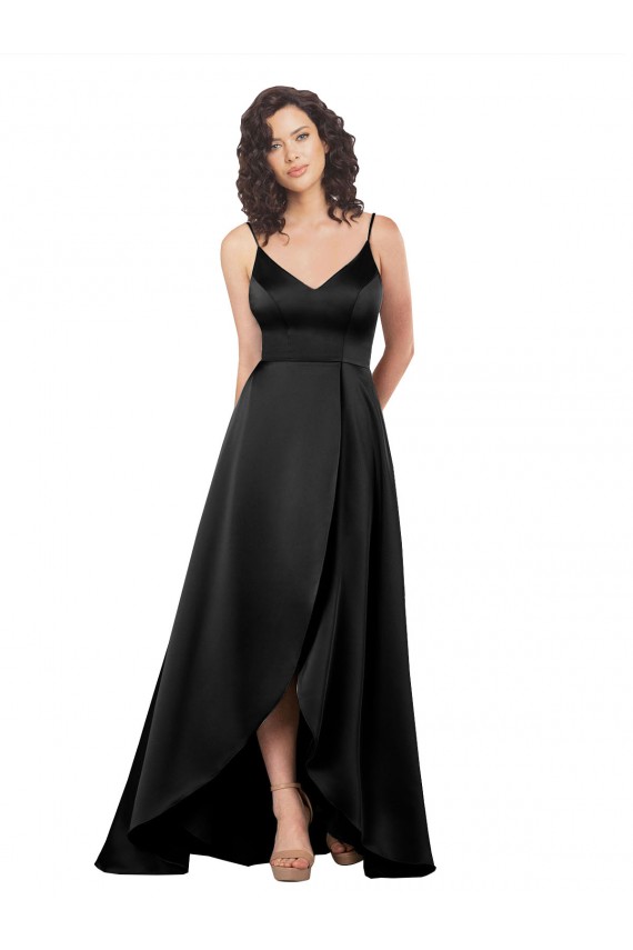Purchase Long Sleeveless V-Neck A-Line Silky Satin Black Evening Dress Canada