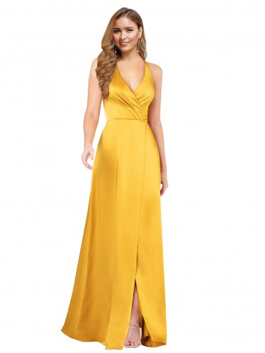 Purchase Long Sleeveless V-Neck A-Line Silky Satin Evening Dress Canada