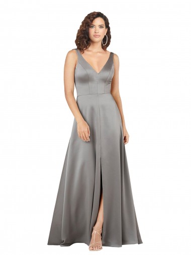 Purchase Long Sleeveless V-Neck A-Line Silky Satin Pearl Grey Evening Dress Canada