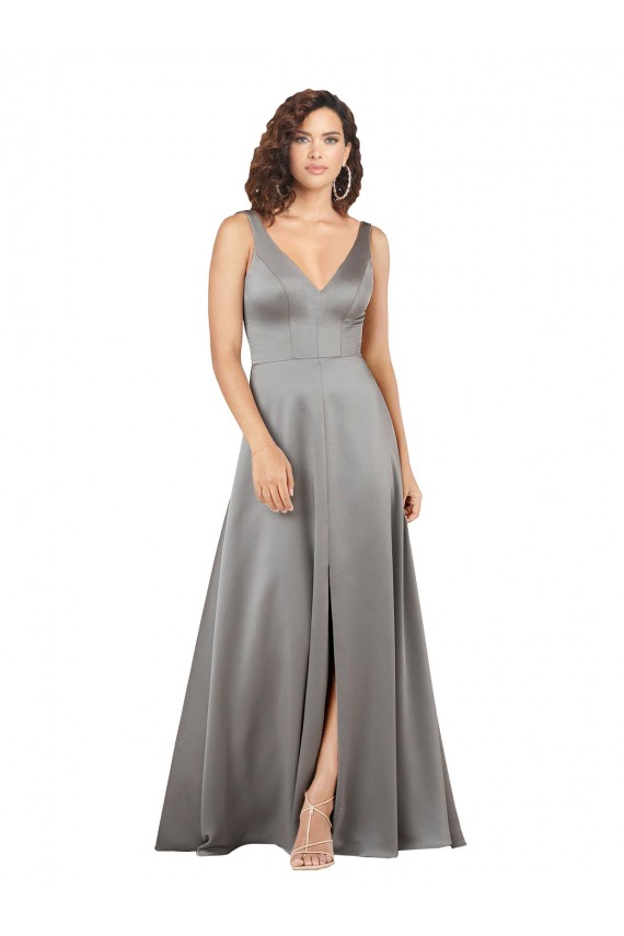 Purchase Long Sleeveless V-Neck A-Line Silky Satin Pearl Grey Evening Dress Canada
