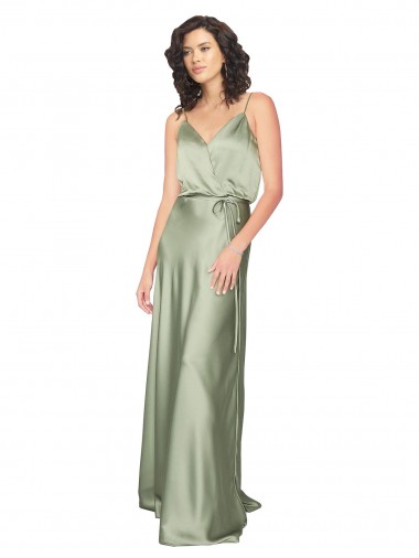 Purchase Long Sleeveless V-Neck A-Line Silky Satin Smoke Green Evening Dress Canada