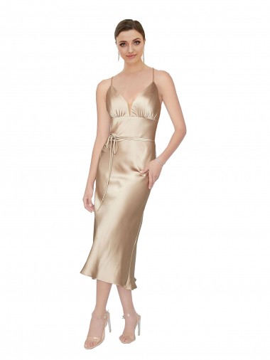 Purchase Short Midi Length Sleeveless V-Neck A-Line Silky Satin Evening Dress Canada
