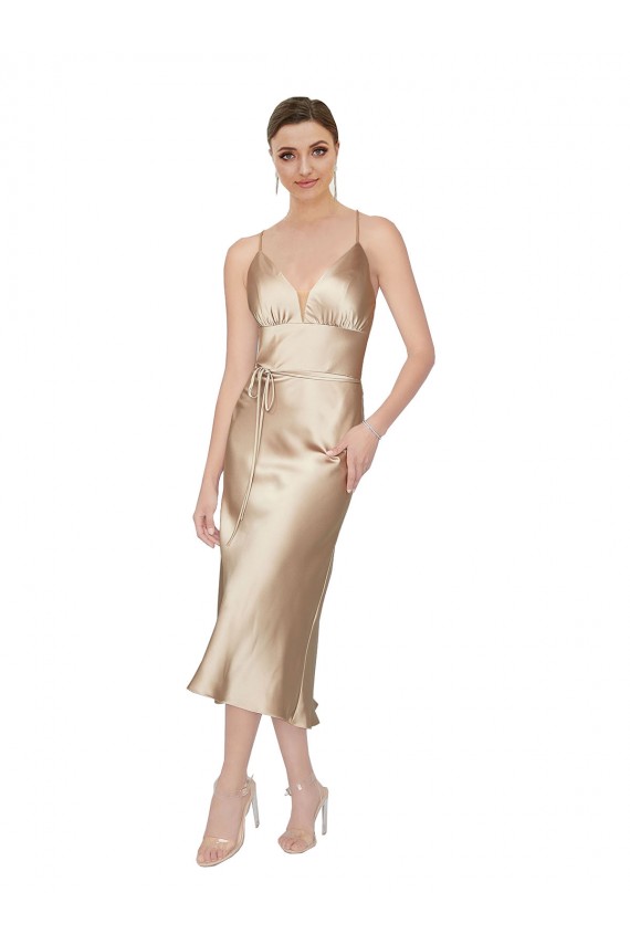 Purchase Short Midi Length Sleeveless V-Neck A-Line Silky Satin Evening Dress Canada