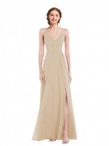 Purchase Long Sleeveless V-Neck A-Line Soft Chiffon Champagne Maxi Evening Dress Canada