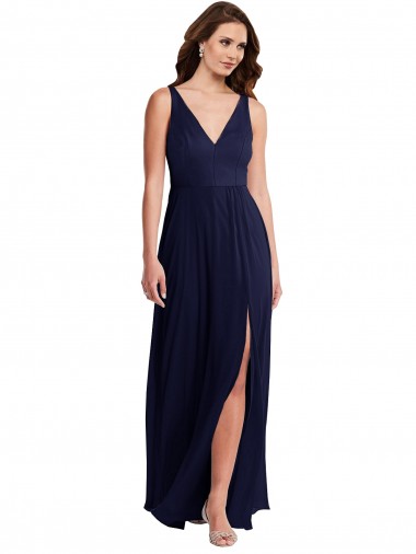 Purchase Long Sleeveless V-Neck A-Line Soft Chiffon Dark Navy Maxi Evening Dress Canada