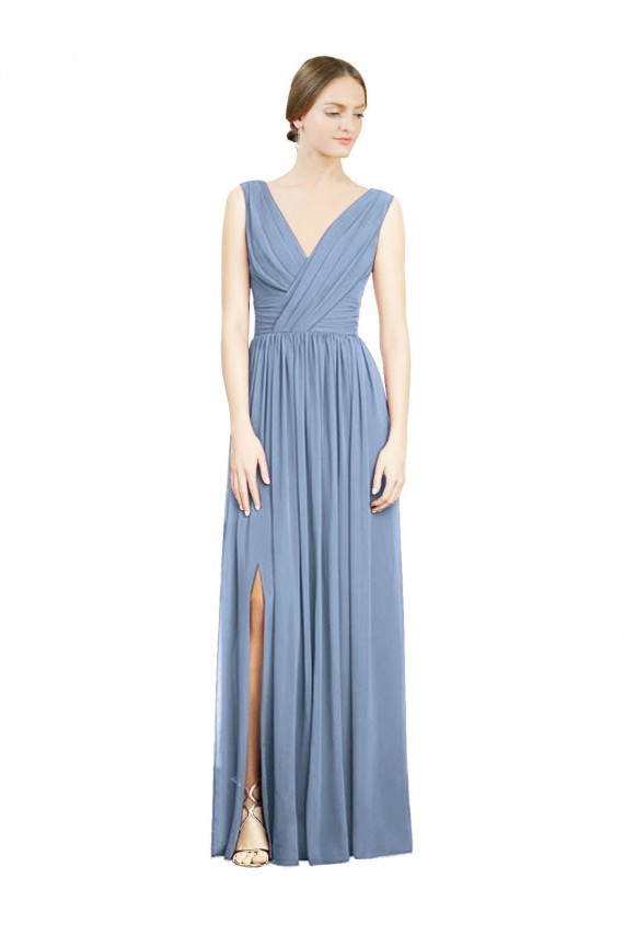 Purchase Long Sleeveless V-Neck A-Line Soft Chiffon Dusty Blue Maxi Evening Dress Canada