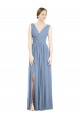 Purchase Long Sleeveless V-Neck A-Line Soft Chiffon Dusty Blue Maxi Evening Dress Canada