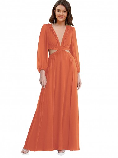Purchase Long Long Sleeves V-Neck A-Line Soft Chiffon Maxi Evening Dress Canada