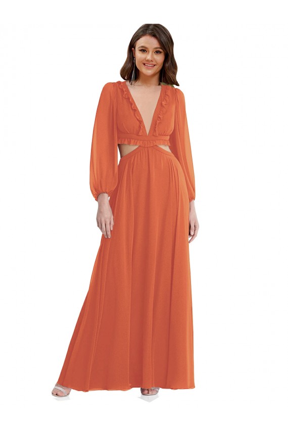 Purchase Long Long Sleeves V-Neck A-Line Soft Chiffon Maxi Evening Dress Canada