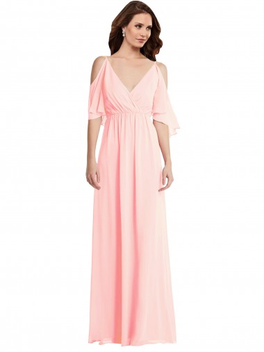 Purchase Long Cold Shoulder V-Neck A-Line Soft Chiffon Maxi Evening Dress Canada