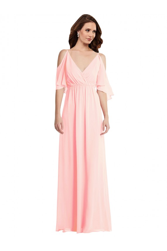 Purchase Long Cold Shoulder V-Neck A-Line Soft Chiffon Maxi Evening Dress Canada