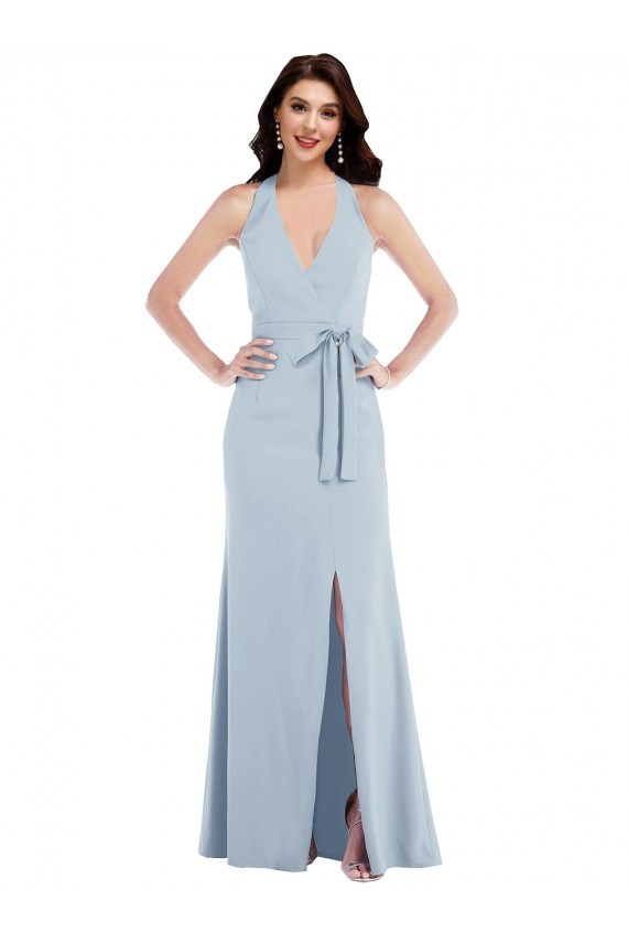 Purchase Long Sleeveless Halter Neck A-Line Stretch Crepe Maxi Evening Dress Canada