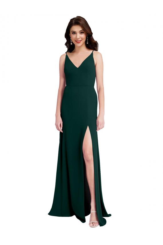 Purchase Long Sleeveless V-Neck A-Line Stretch Crepe Midnight Green Evening Dress Canada