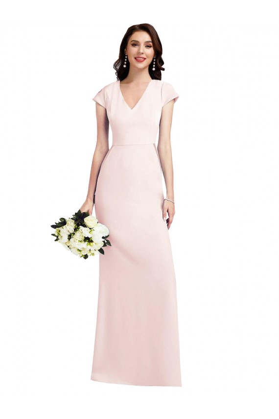 Purchase Long Cap Sleeves V-Neck A-Line Stretch Crepe Evening Dress Canada