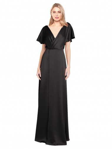 Purchase Long Cap Sleeves V-Neck A-Line Stretch Satin Open Back Evening Dress Canada
