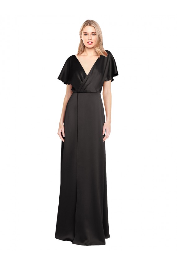 Purchase Long Cap Sleeves V-Neck A-Line Stretch Satin Open Back Evening Dress Canada