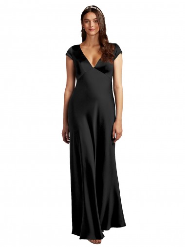 Purchase Long Cap Sleeves V-Neck A-Line Stretch Satin Black Evening Dress Canada