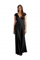 Purchase Long Cap Sleeves V-Neck A-Line Stretch Satin Black Evening Dress Canada
