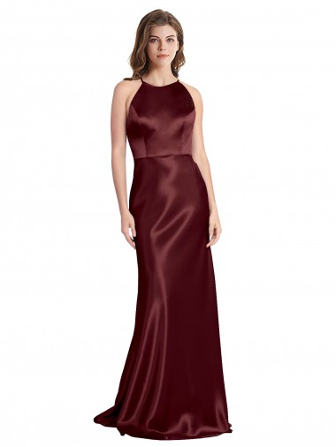 Purchase Long Sleeveless Spaghetti Straps A-Line Burgundy Gold Stretch Satin Evening Dress Canada