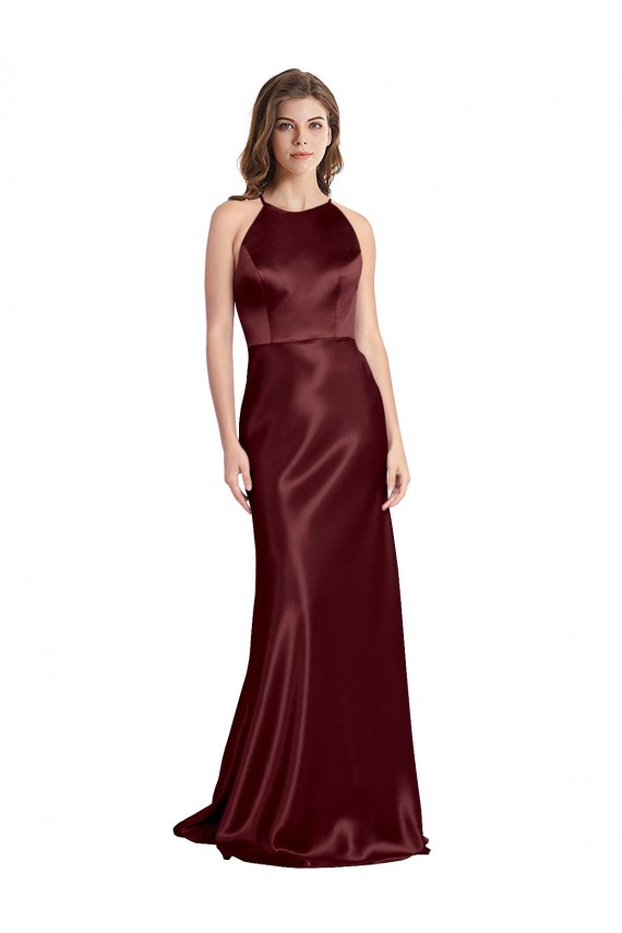 Purchase Long Sleeveless Spaghetti Straps A-Line Burgundy Gold Stretch Satin Evening Dress Canada