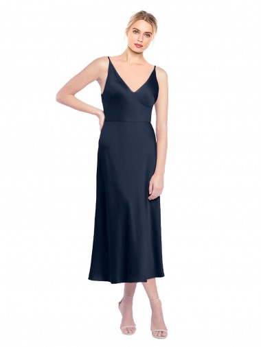 Purchase Midi Length Sleeveless V-Neck A-Line Stretch Satin Evening Dress Canada