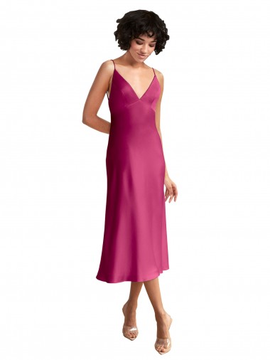 Purchase Midi Length Sleeveless V-Neck A-Line Stretch Satin Low Back Evening Dress Canada