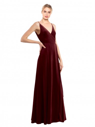 Purchase Long Sleeveless V-Neck A-Line Stretch Velvet Burgundy Evening Dress Canada