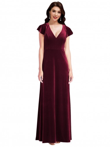 Purchase Long Flutter Sleeve V-Neck A-Line Stretch Velvet Maxi Evening Dress Canada