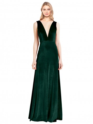 Purchase Long Sleeveless V-Neck A-Line Stretch Velvet Dark Green Evening Gown Canada