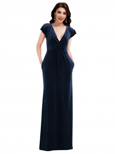 Purchase Long Flutter Sleeves V-Neck A-Line Stretch Velvet Dark Navy Maxi Evening Dress Canada