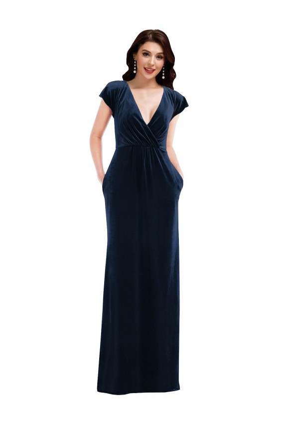 Purchase Long Flutter Sleeves V-Neck A-Line Stretch Velvet Dark Navy Maxi Evening Dress Canada